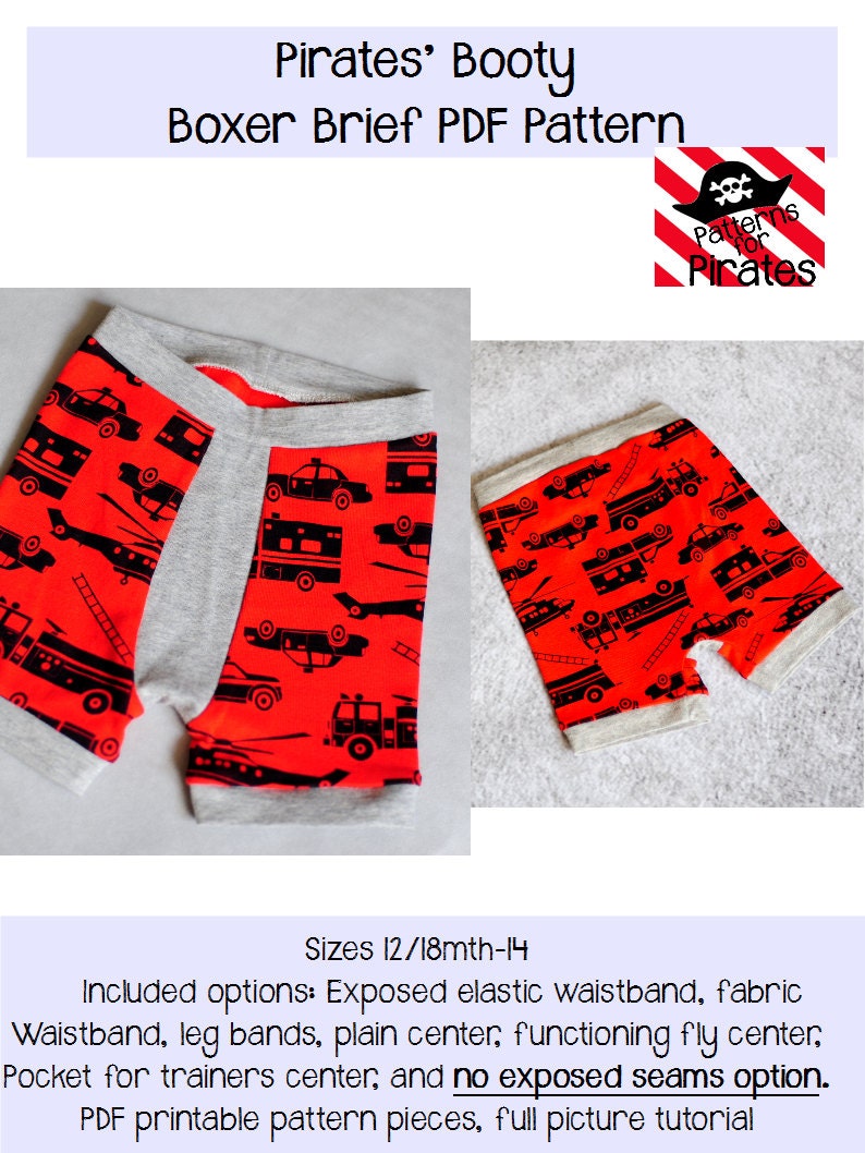 Pirates' Booty Boxer Brief Sewing PDF Pattern Sizes