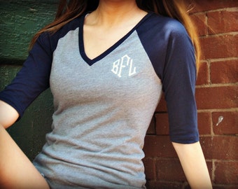 Monogram Raglan T Shirt | Three Quarter Sleeve | Raglan V Neck | Monogram Baseball Tee | Baseball T Shirt | Gift for Her | Gifts under 30