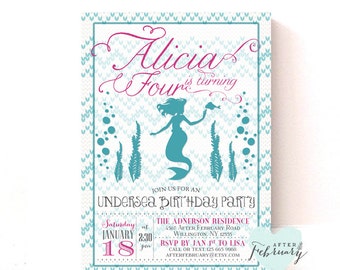 Mermaid Birthday Invitation - Mermaid Party Girl Undersea Little Mermaid Birthday - Mermaid Tail Pattern Background - Printable No.328KIDS