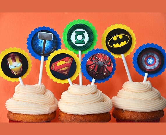 12 Superheroes Cupcake Toppers Party Birthday by MonPetitPapier