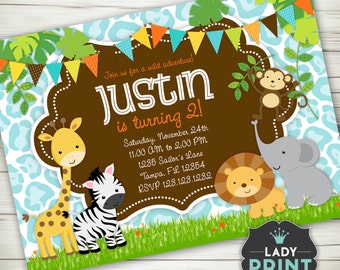 Little Jungle Animals Safari Boy Birthday Invitation. Printable invitation. Digital File Customized Party Invitation