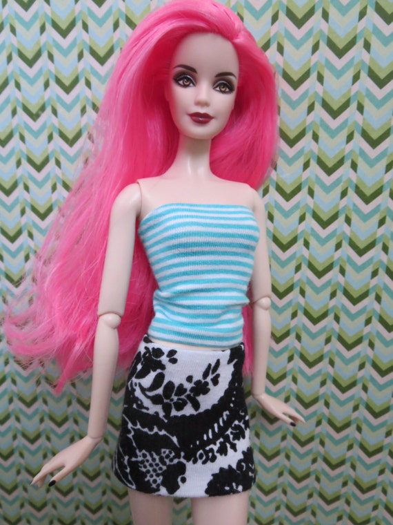Ooak Barbie Doll Striped Tube Top W Black And White Mini Skirt
