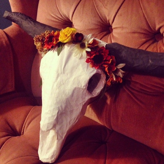 Paper Mache Steer Skull with Fall Flower Crown