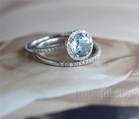Bridal Wedding Set with 7mm Round Aquamarine Engagement Ring and Half ...