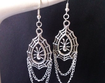 Silver Gothic Earrings , Spider Earrings , Spiders Web Dangling Halloween Earrings , Cobweb Earrings , Teardrop Earrings , Halloween Jewelry