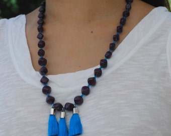 BRINJAL Handmade Unique Vintage 1980s Eggplant Resin Beaded Necklace with Custom Modern Sky Blue Tassels