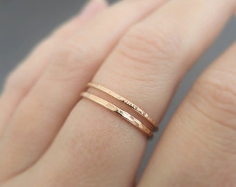 Rose Gold Rings 2 minimalist super slim hammered stackable rings gifts for her - thumb ring - midi ring - knuckle ring