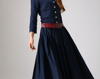 navy linen dress, maxi dress, shirt dress, pleated dress, spring dress, womens pockets dresses , beach dress, fitted dress, handmade (881)