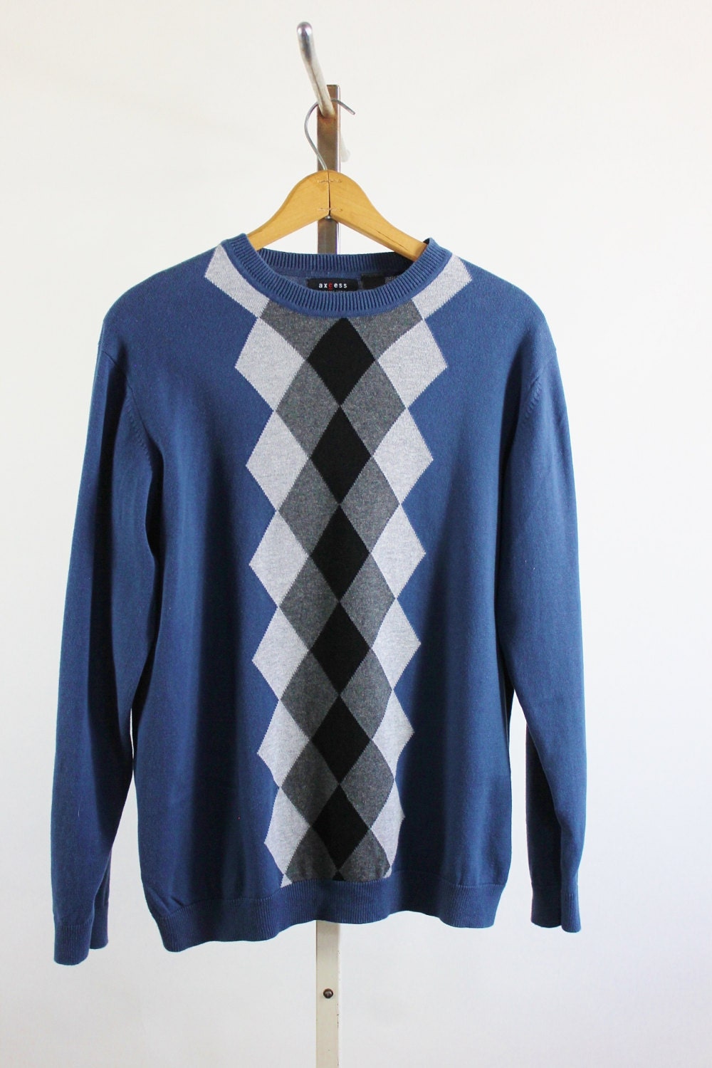 SALE Vintage Blue Gray Black and White Argyle Sweater Mens