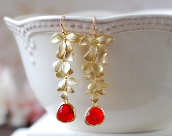 Ruby Red Glass Matte Gold Orchids Long Dangle July Birthstone Earrings Siam Red Teardrop Crystal Earrings Red Wedding Bridal Earrings