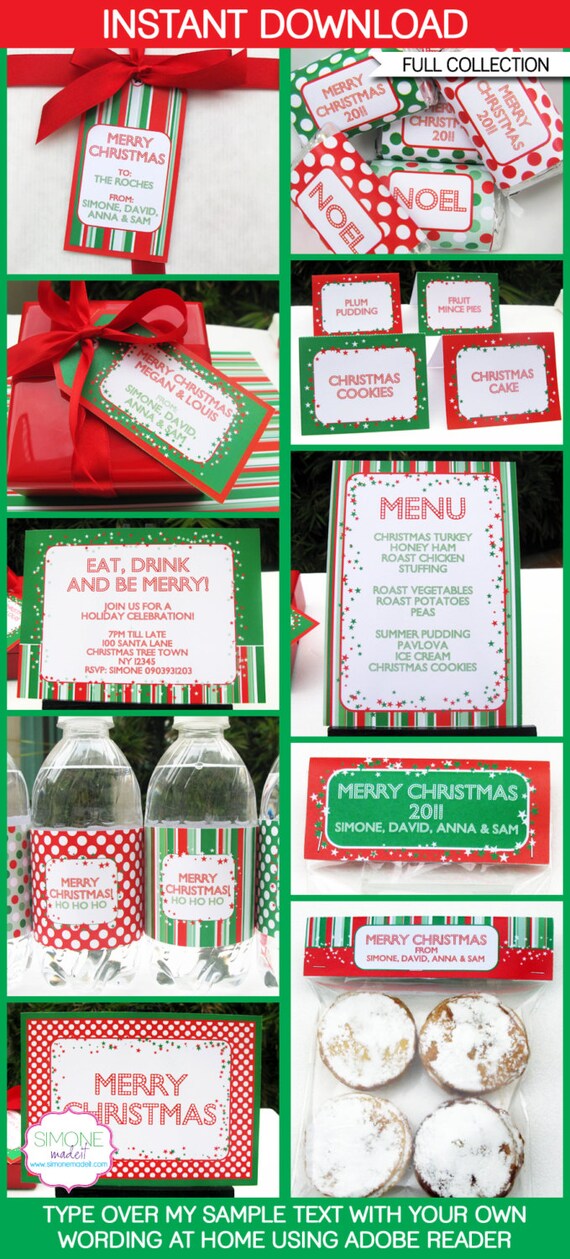 Christmas Party in Red & Green - INSTANT DOWNLOAD Printable Collection + Invitation - EDITABLE text personalize with Adobe Reader Il_570xn