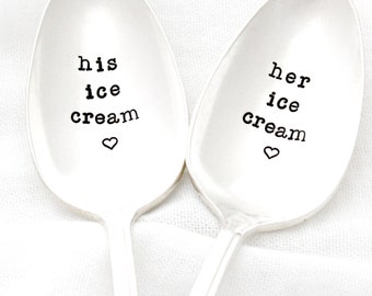 His Ice Cream and Her Ice Cream Spoon set. Vintage hand stamped silverware by milk & honey.