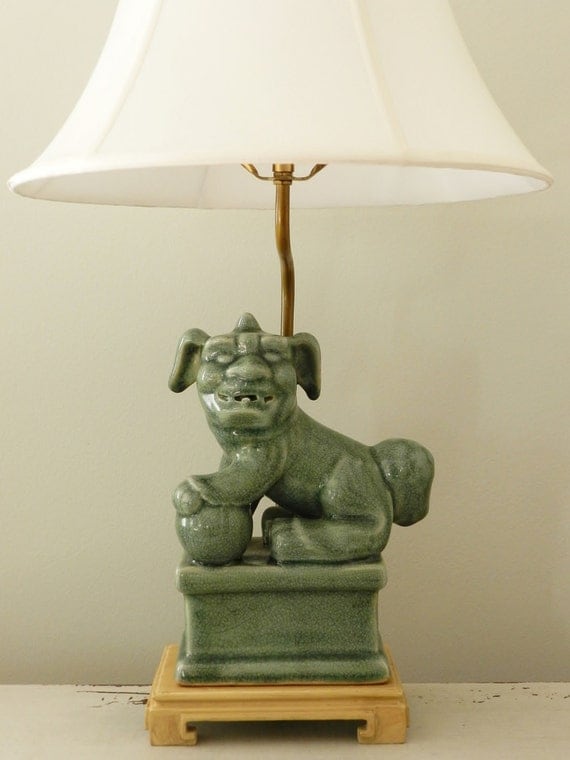 Vintage Foo Dog Lamp End Table Lighting Guardian Lion Celadon