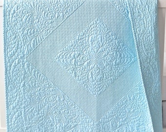 Heirloom Baby Boy Quilt with Elegant Custom Quilting on Soft Blue Cotton - Christening Baptism Quilt