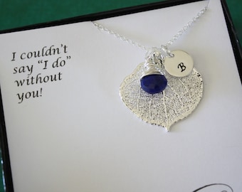 5 Bridesmaid Leaf Necklaces Personalized, 5 Bridesmaid Gift, Real Leaf Necklace, Thank You Card, Initial Jewelry, Sterling Silver, Gemstone