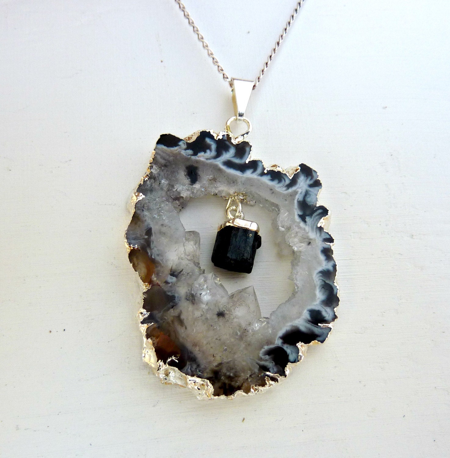 Agate Druzy and Black Tourmaline Sterling Silver Amulet
