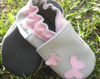 soft sole baby shoes handmade infant gift butterfly pink gray 6-12 bebe fille cuir souple chaussons Krabbelschuhe porter ebooba BF-34-G-M-2