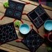 Black cotton sashiko coasters set of 4, traditional japanese embroidery, tribal handmade craft, fabric houseware