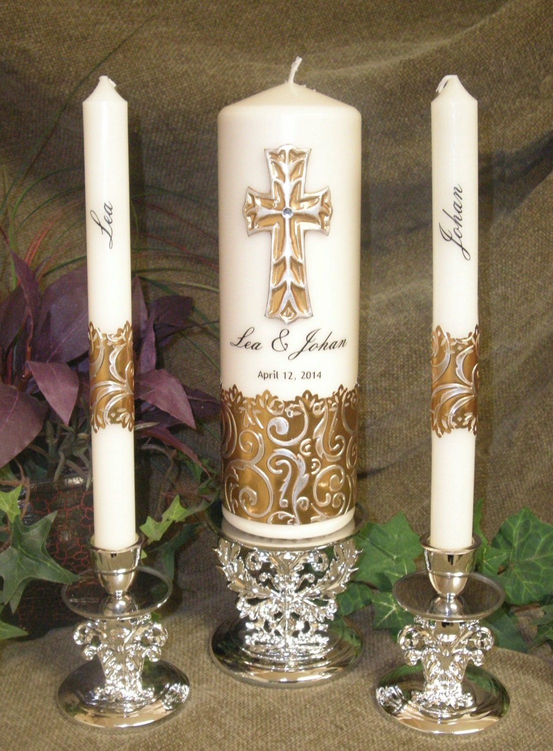 Personalized Unity candle set with metal embossing