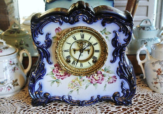 1800s Antique Porcelain Clock Ansonia Cobalt Blue Open Escapement Chiming 8 Day Strike Chime Mantel Parlor Victorian Era Floral Royal Bonn