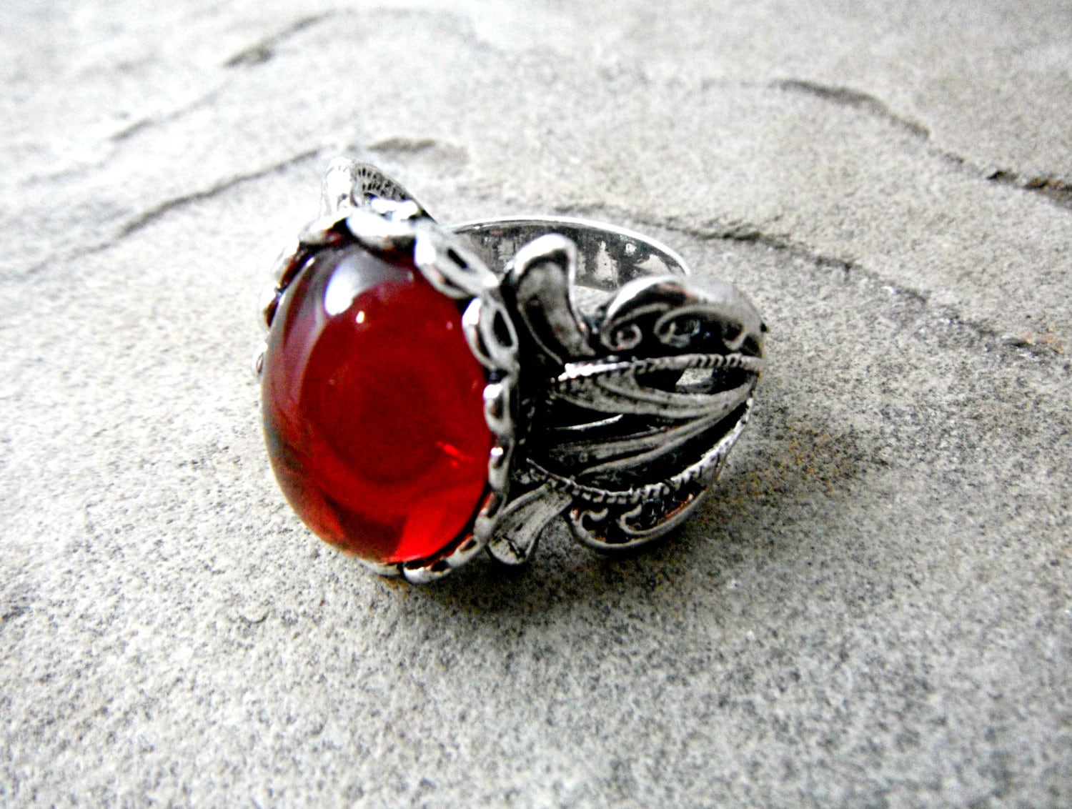 Silver Victorian Ring Red Cabochon Ring Antique Victorian
