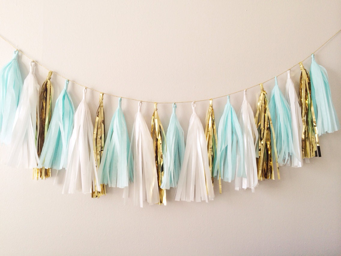Mint Blue and Gold Tassel  Garland Mint Party  Decor  by 