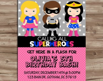 SUPERHERO Girls Invite Birthday Invitation Superheros Pink Invite Girls Superhero Birthday Supergirl, Batgirl, Digital Printable, JPG File