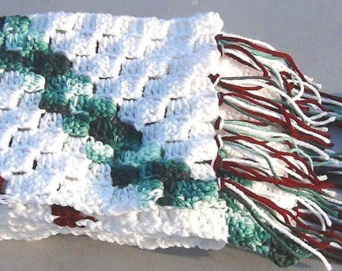 Hooded Scarf - White Crochet Scarf - White with Maroon and Green Stripes