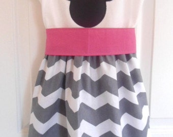 Custom Boutique Clothing Minnie Mouse Dress, Disney Dress, Girls Gray White Chevron Dress, Birthday Dress, Pink Sash, Custom Girls Dress