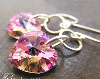Pink Heart Earrings, Swarovski Crystal Earrings, Pink Earrings, Sterling Silver Earrings, Gift for Her, Swarovski Crystal Earrings, ALEXIS