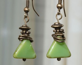 Green Earrings, Czech Glass Earrings, Dangle Earrings Jewelry boho earrings Geometric Earrings Small Earrings Gift For Her Gift Ideas