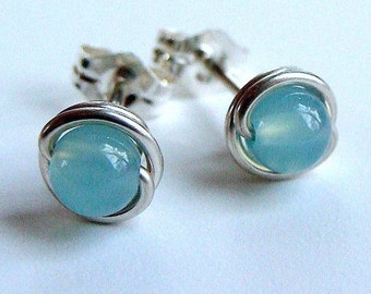 Sea Blue Chalcedony Studs Chalcedony Earrings 5mm 6mm Wire Wrapped in Sterling Silver Post Earrings Chalcedony Studs