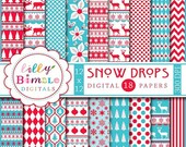 50% off Christmas digital scrapbook papers SNOW DROPS scandinavian, red and turquoise, Instant Download Il_170x135