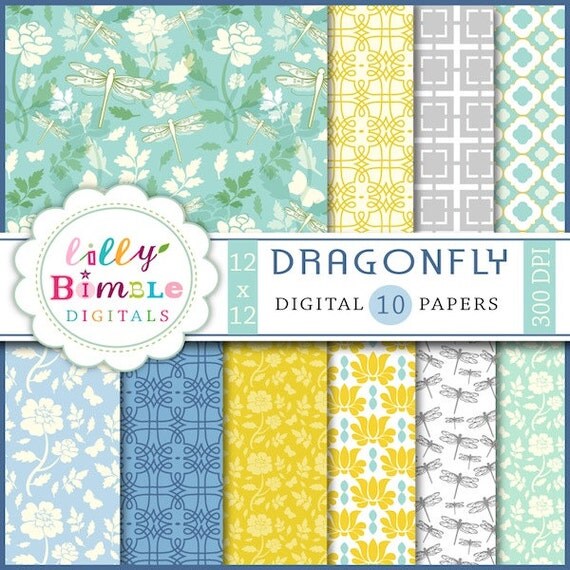 Dragonfly Chinoiserie Digital Papers INSTANT DOWNLOAD roses, quatrefoil Il_570xn