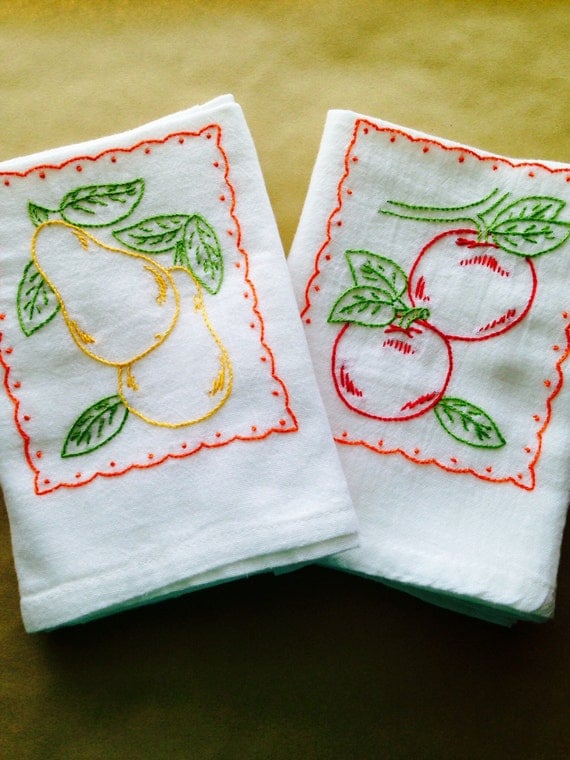 Apples and Pears Handembroidered Dish Towels by stitchedkitchen
