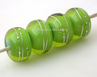 Bright Green over Blue - DRAGON TEARS Silver Wrap - Handmade Lampwork Glass Whiteheart beads - taneres