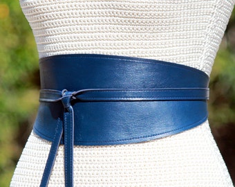 REVERSIBLE Leather Navy Blue wide obi wrap sash belt - custom choice fabric or denim on second side - XS S M L Petite + Plus size cinch sash