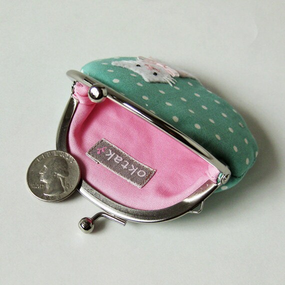 Cat coin purse mint polka dots white cat pink bow pastel