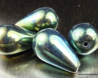 Czech Glass Beads - 4 Large Tear Drop Beads Metallic Green Iris 18x11mm