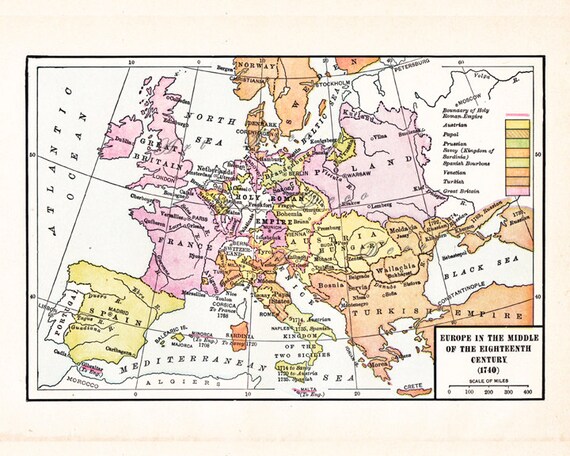 old map of Europe in the Eighteenth Century a vintage