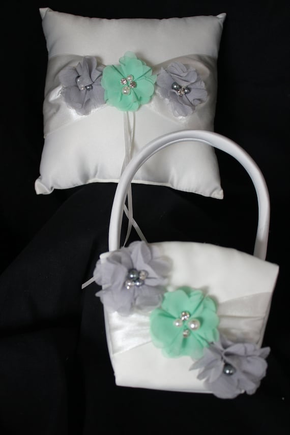 Ivory Ring Bearer Pillow/Flower Girl Basket -Gray and Mint Chiffon Flowers Accented with Rhinestone and Pearls- Custom Colors Available