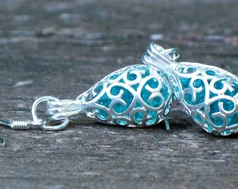 Recycled Mason Jar Silver Filigree Teardrop Earrings/Blue Mason Jar/Bridesmaid Gift/Repurposed Jewelry/Eco Friendly/Upcycled Recycled/Unique