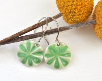 Lime Green Pinwheels - Porcelain Earrings with Sterling Silver Ear Wires