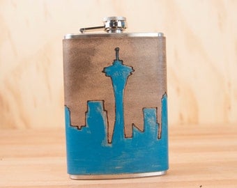 8oz Flask -Skyline Pattern - Leather in turquoise and antique black