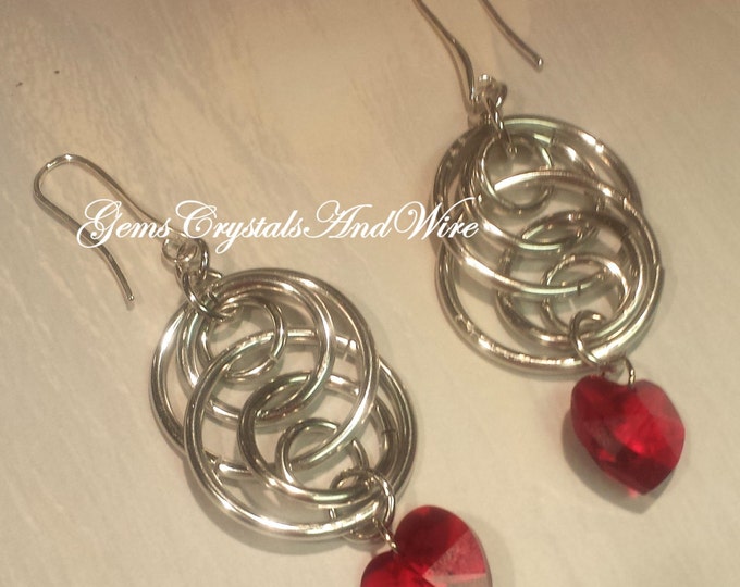 Illusion Chainmaille Silver Earrings with Swarovski Hearts , Swarovski Clover, or Crystal Explosion