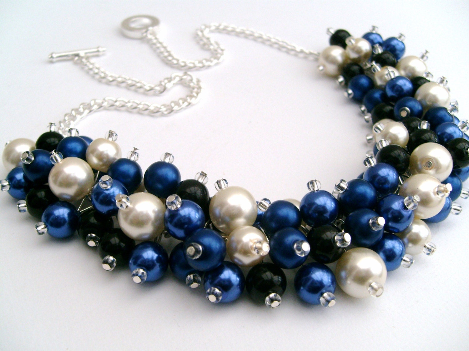 Cobalt Blue Pearl Beaded Necklace With Black and Ivory