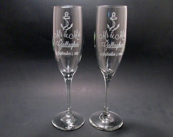 Personalized Anchor Champagne Flutes Wedding Toasting Flutes Set of 2