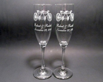 Tandem Bicycle Champagne Flutes - Set of 2 Wedding Toasting Flutes