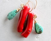 Ethnic Southwest Coral Turquoise Drop Earrings Gemstone Wire Wrapped 14k Gold Filled Primitive
