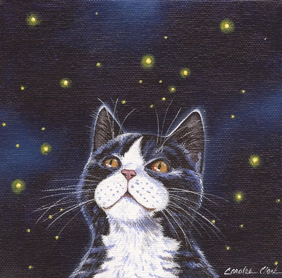FIREFLIES Original Acrylic Tuxedo Cat Painting on Deep